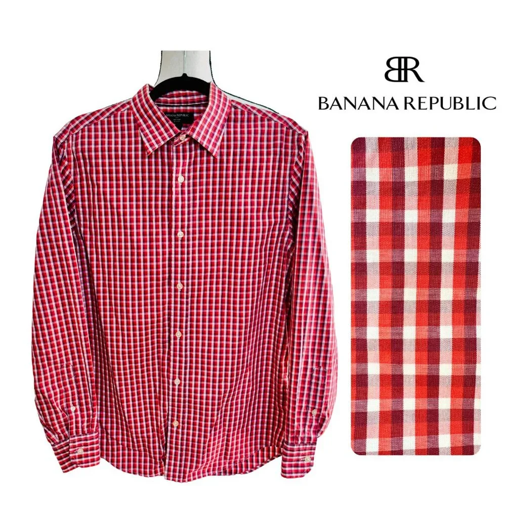 Banana Republic Men M Slim Fit Red Gingham Check LS Button Down Dress Shirt